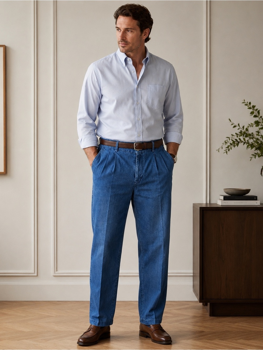 Roundtree & Yorke Men’s Pleated Denim Dress Pants 38x32 Blue Classic Fit